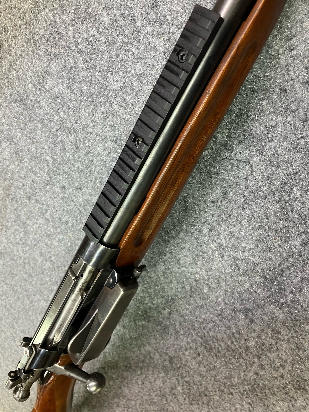 Custom Picatinny scout rail mounted forward of the action on a sporterized Krag-Jorgensen