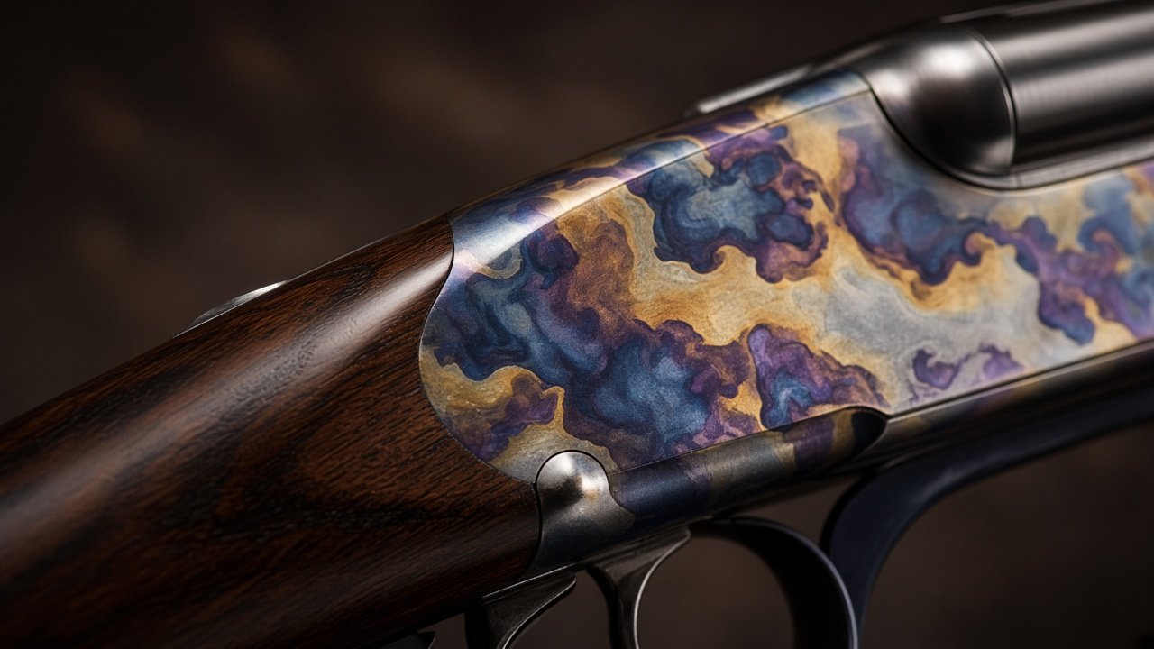Color case hardened shotgun receiver with mottled blues and purples