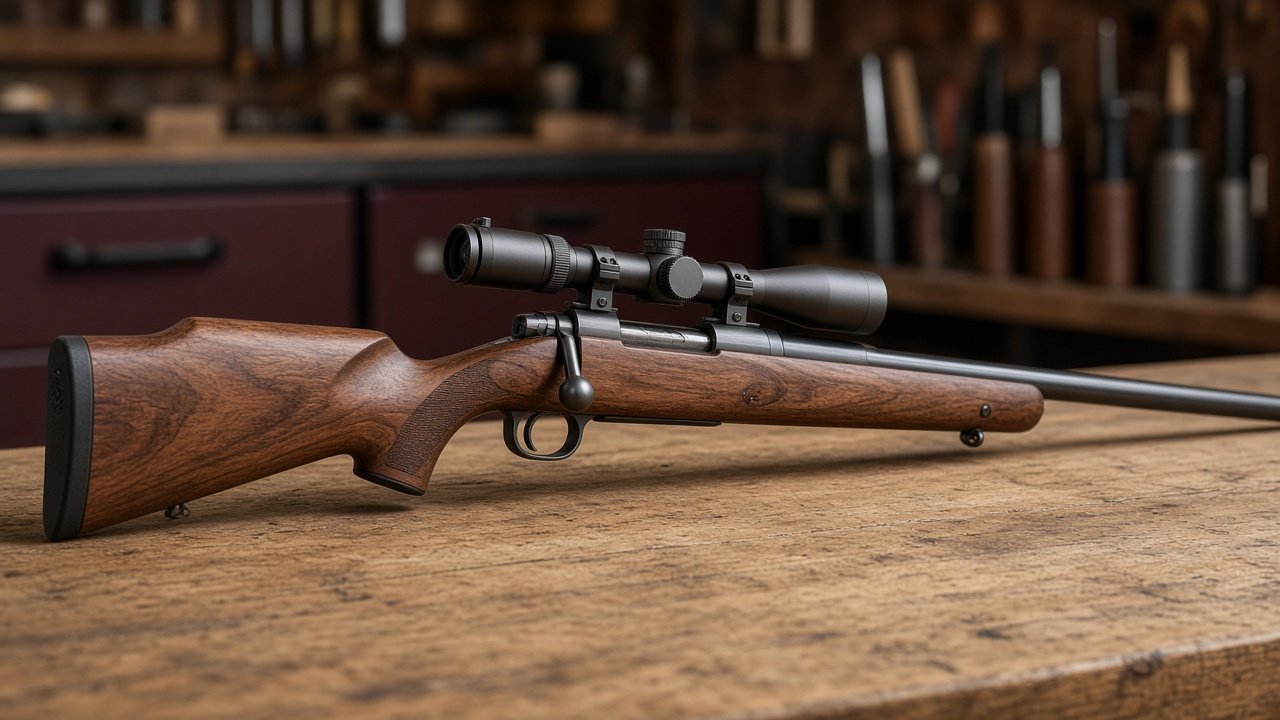 Custom bolt-action hunting rifle on a gunsmith workbench