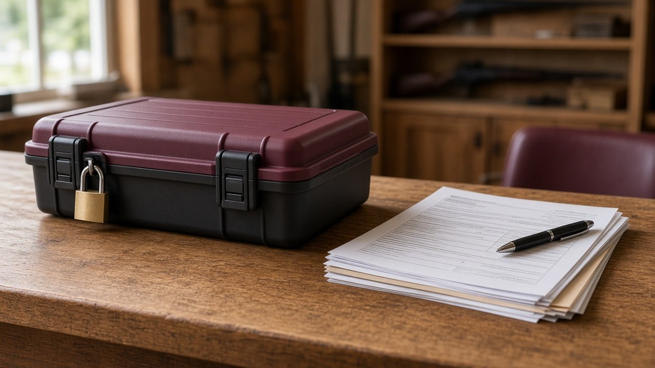 Secure gun case and transfer paperwork on a shop counter