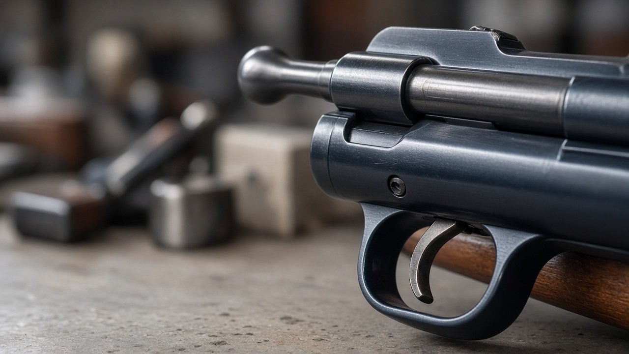 Bolt-action rifle trigger and trigger guard close-up