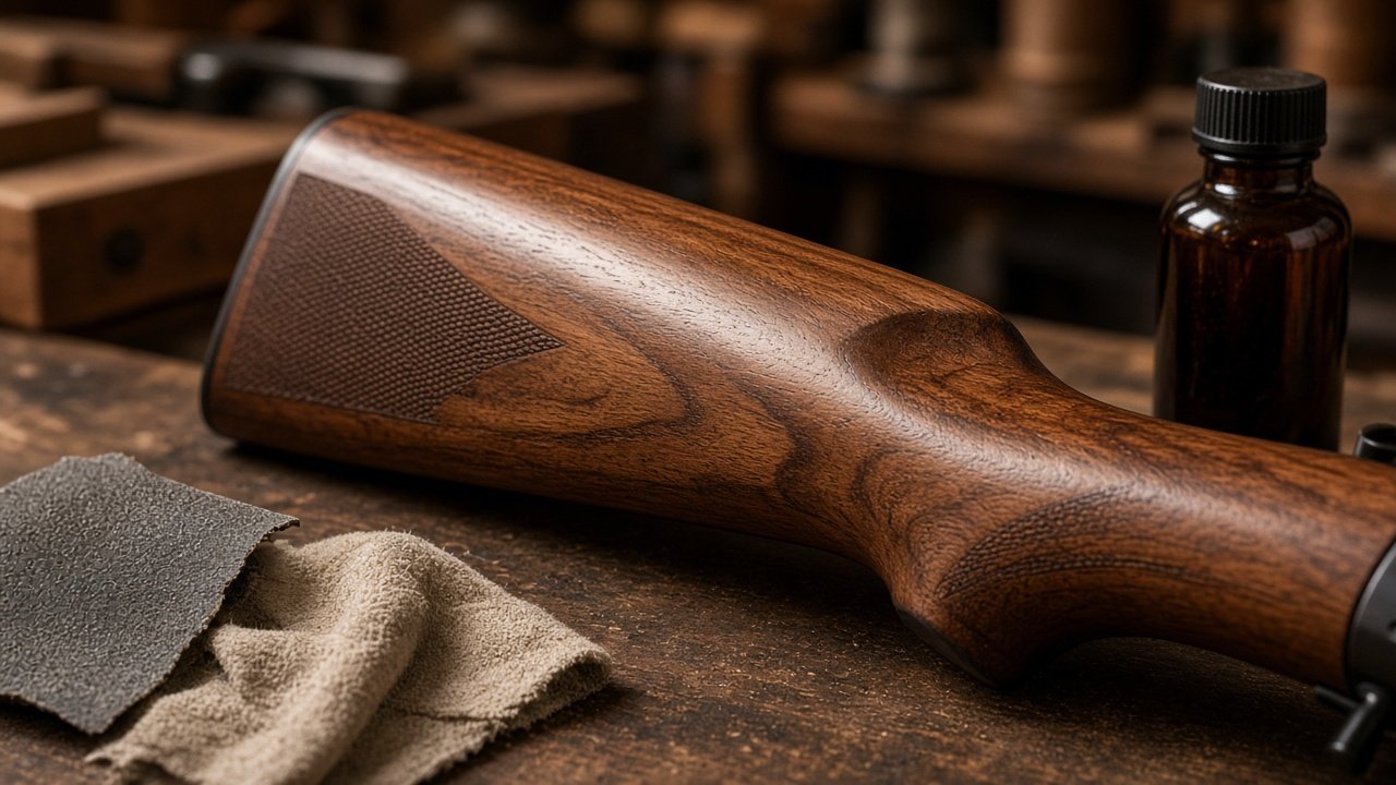 Walnut rifle stock being refinished on a workbench